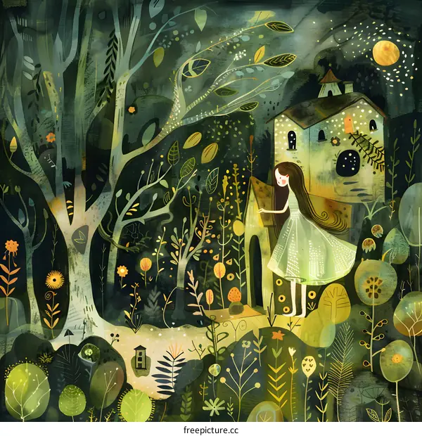 A girl in a green dress stands in front of a small house in a forest