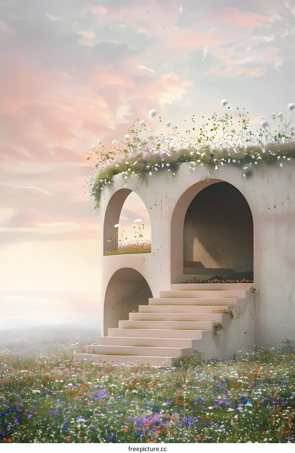 Concrete Archway With Flowers On Top And Staircase Leading To A Field