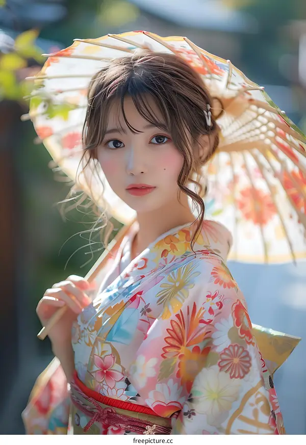 Portrait of a beautiful Japanese woman in traditional kimono