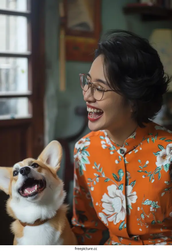A woman wearing glasses is laughing with a dog