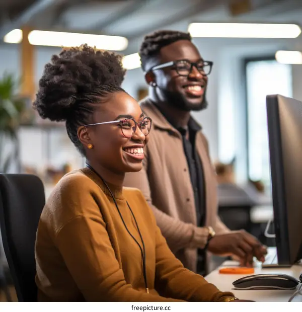 Two smiling African American professionals working together in an office