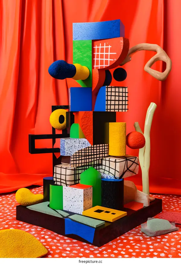 Abstract Geometric Sculpture with Red Background