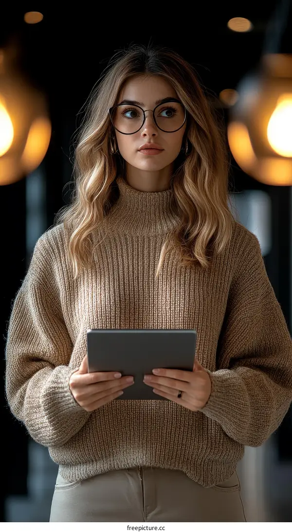 Caucasian Woman Holding Tablet in Stylish Sweater