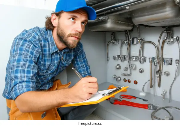 Plumber Inspecting Kitchen Sink Plumbing