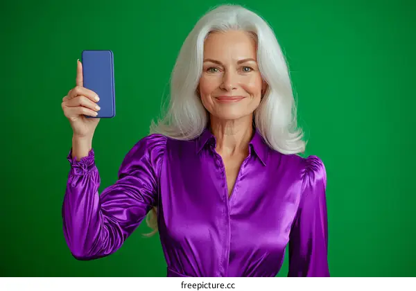 Stylish Woman Holding Phone Against Green Background