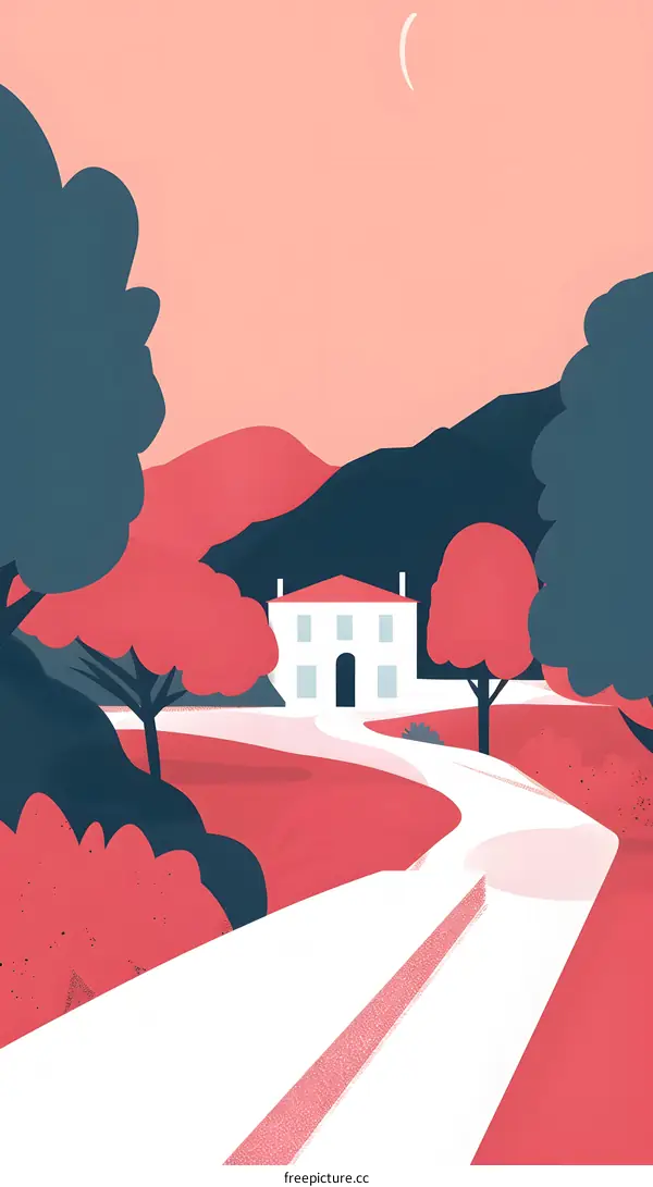White House on Pink Hill with Winding Road and Moon