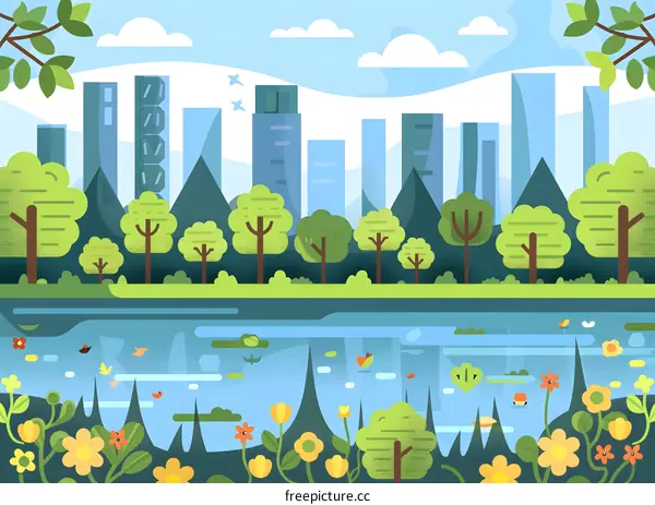 Nature Cityscape Illustration with Trees and River