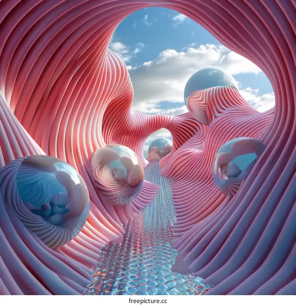 Surreal Pink Alien Landscape with Vibrant Blue Orbs