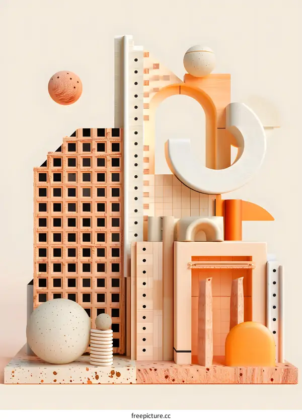 3D rendering of an abstract cityscape with geometric shapes in warm colors