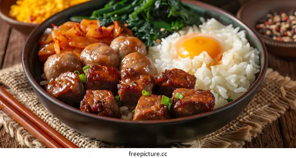Korean food dish with rice, beef, egg and spinach