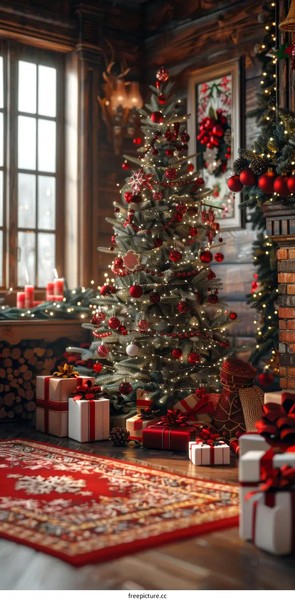 Ornate Christmas Tree by the Fireplace
