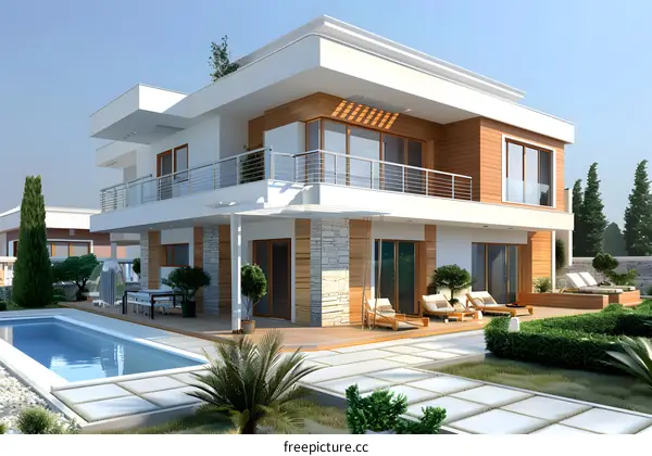 A 3D rendering of a two-story house with a pool