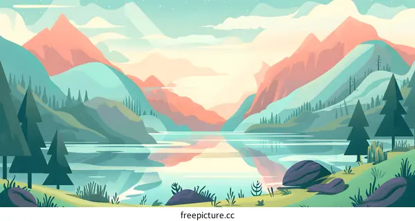 Mountains Lake Illustration With Sky and Clouds