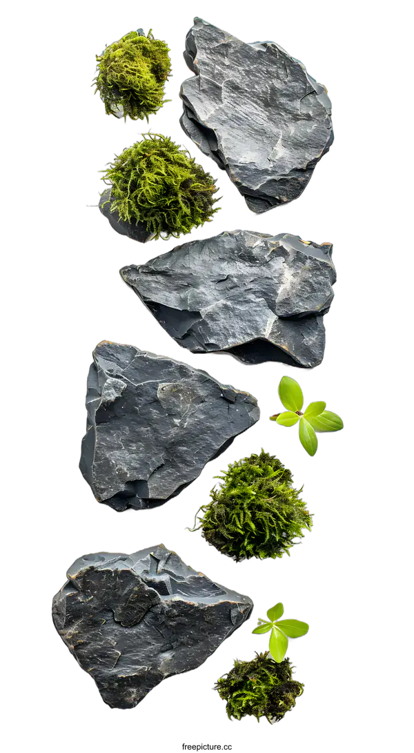 [Transparent Background PNG]Green Moss and Grey Rocks on White Background