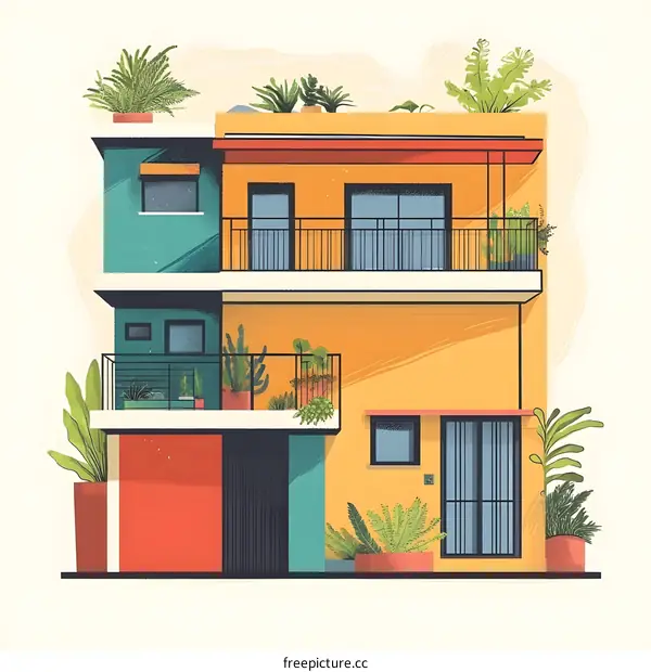 Colorful Two Story House With Balconies Illustration