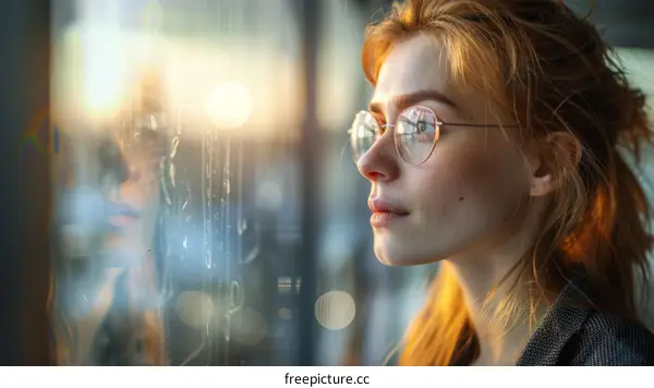 Woman Looking Through a Window  in Sunlight