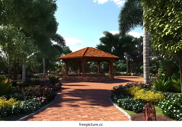 Gazebo in a Garden with Palm Trees