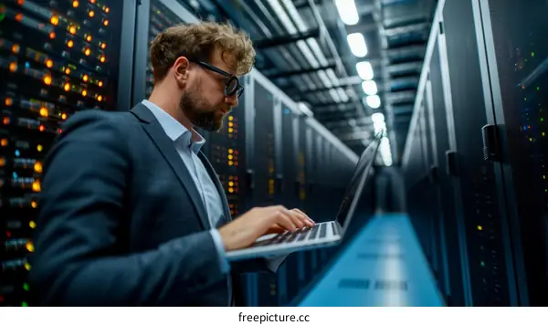 Male IT specialist working on laptop in server room