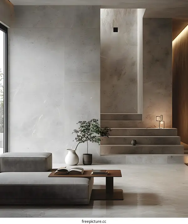 Minimalist Interior Design with Beige Walls and a Wooden Coffee Table