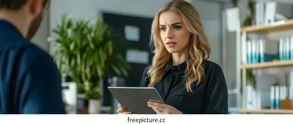 Young Woman in Business Meeting Discussing Ideas on a Tablet