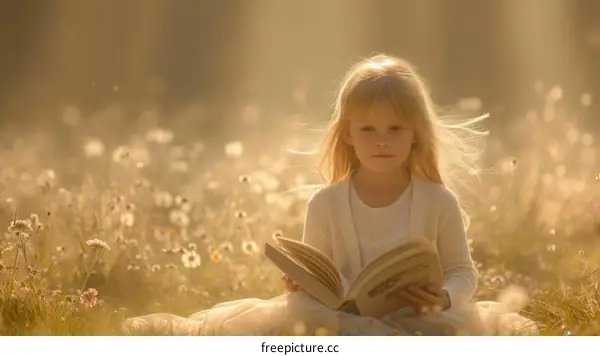 Little girl reading a book in a field of flowers