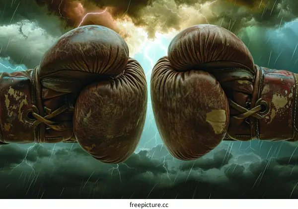 Two old boxing gloves facing each other with a stormy sky in the background