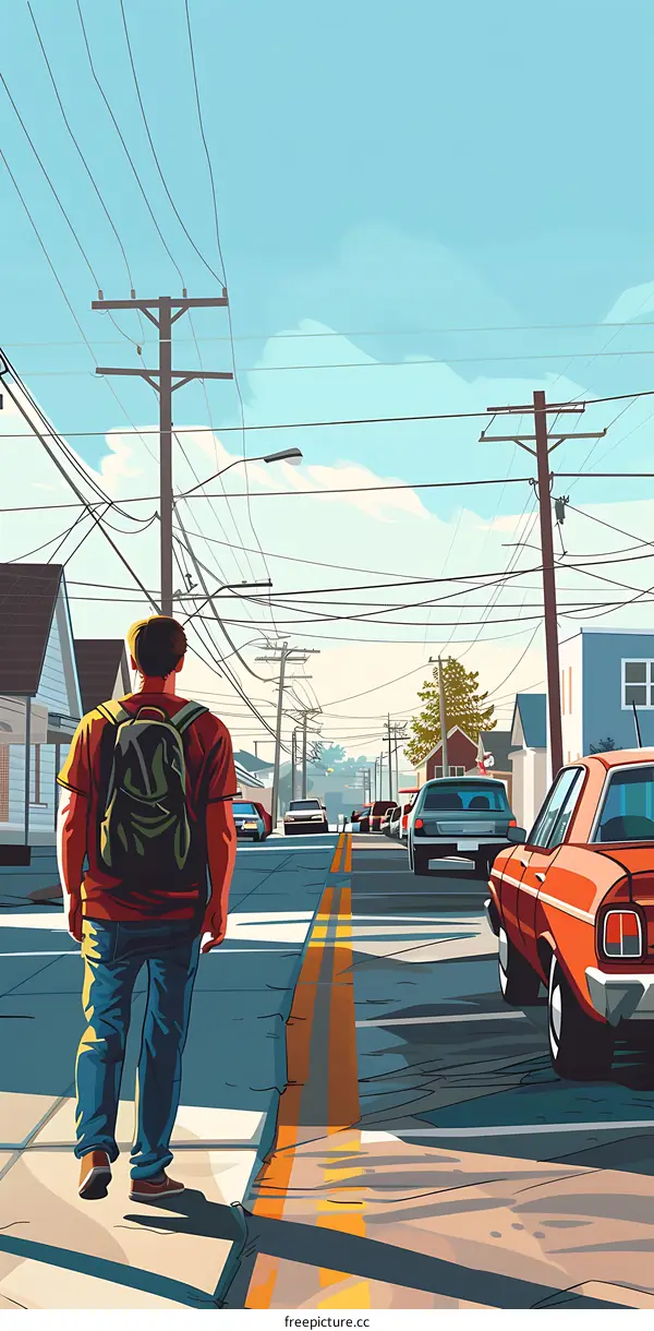 Man Walking Down Street With Cars Parked