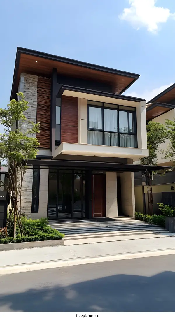 Modern Two Story House with Stone and Wood Exterior