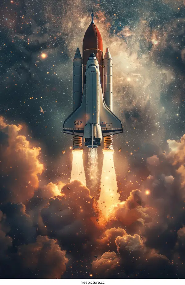 Space Shuttle Discovery launching from Earth