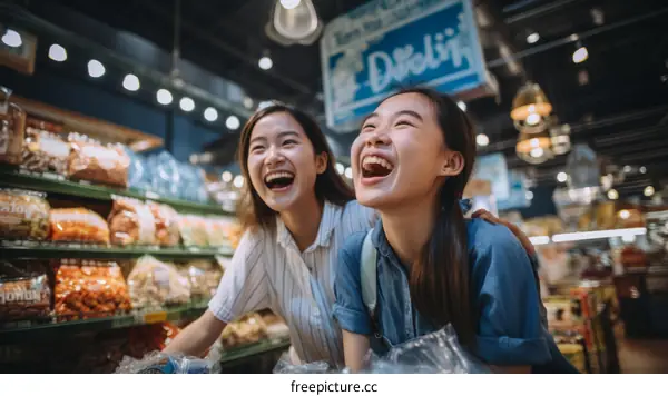 Two Asian women laughing in a grocery store