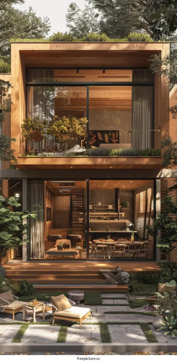 Modern Two-Story House with Beautiful Garden and Expansive Windows