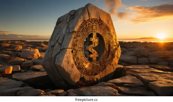 Rock with golden Bitcoin symbol on the beach at sunset