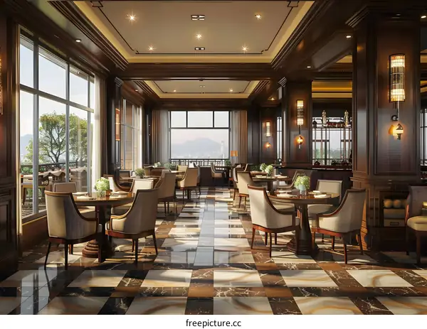 Luxury restaurant interior with marble floor, wood paneling, and large windows