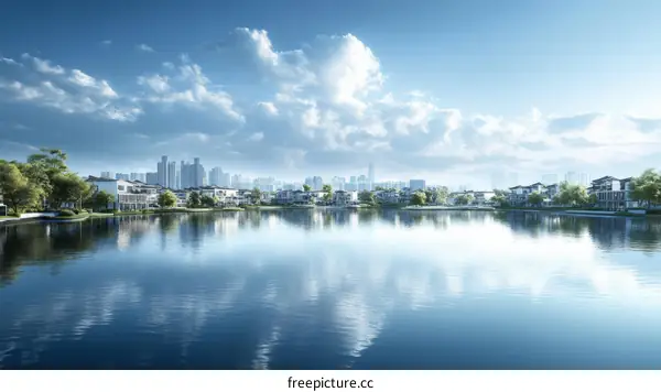 Modern Residential Area by the Lake in Sunny Day