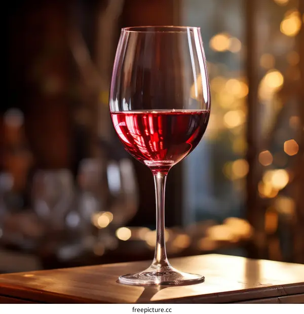 Red Wine Glass on Wooden Table with Blurred Background