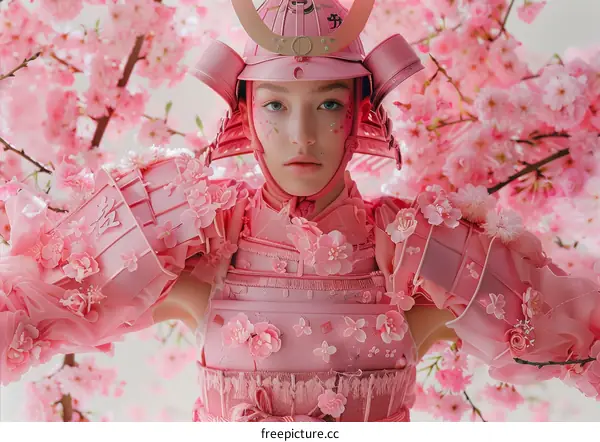 Portrait of a young woman wearing a pink samurai armor