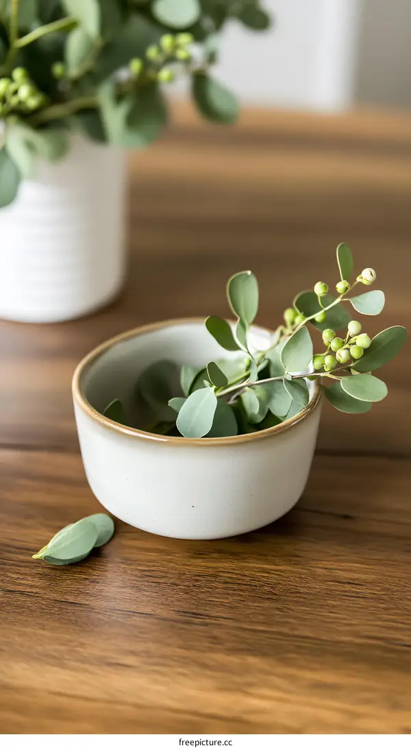 Green Leaves In Ceramic Bowl On Wooden Table