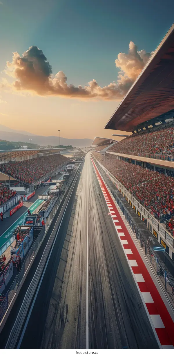 Formula One race track with empty grandstands at sunset
