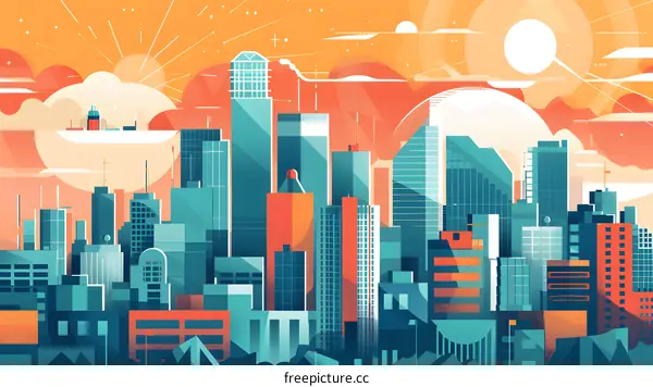 Colorful Cityscape Illustration with Sunrise and Clouds