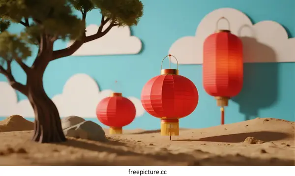 Red Chinese Lanterns Decoration on Sandy Landscape with Tree