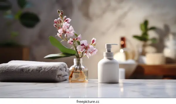 Floral Bathroom Still Life with Soap Dispenser