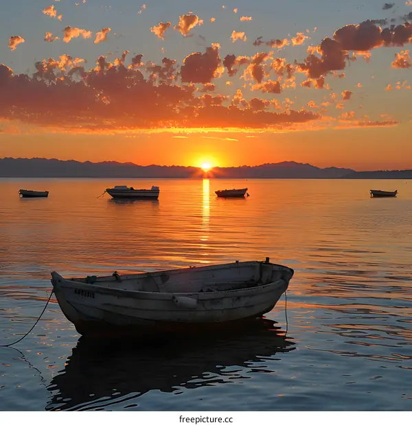 Sunset over the Sea with Boats