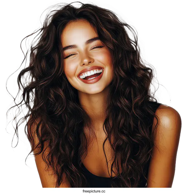 [Transparent Background PNG]Beautiful Woman with Curly Hair and a Radiant Smile