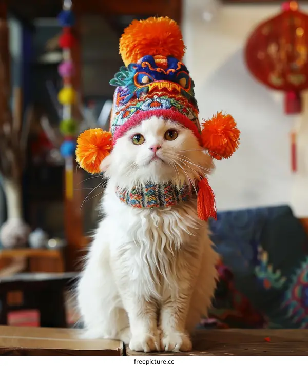 A white cat wearing a colorful hat is sitting on a table