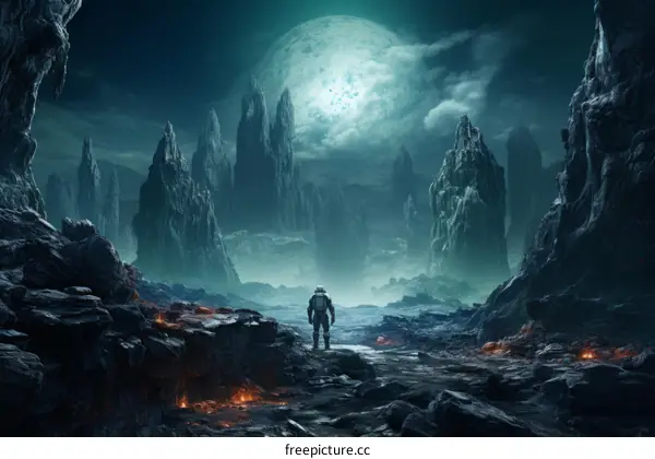 Astronaut on the Moon's Rocky Terrain with a Blue Moon