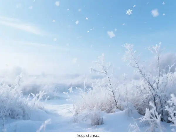 A serene winter landscape with snow-covered trees under a clear blue sky