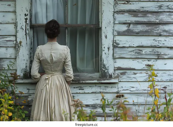 woman in a long dress looking out the window