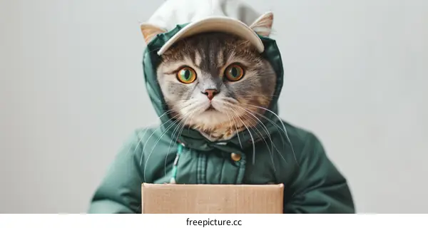A cat wearing a hat and a jacket is holding a box in its mouth