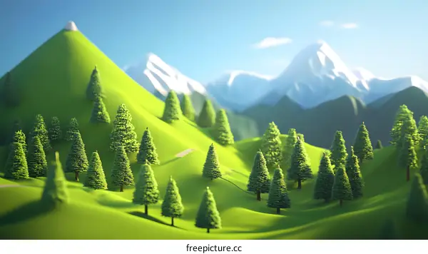 Beautiful Green Mountain Landscape With Snow Covered Mountain Peaks