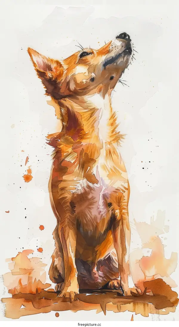 Watercolor painting of a dog looking up